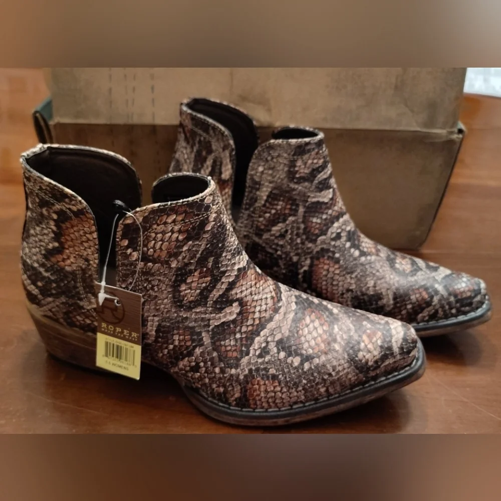Roper Ava Boots Size US 5.5 Womens Faux Leather Snakeskin Ankle Cowgirl Western